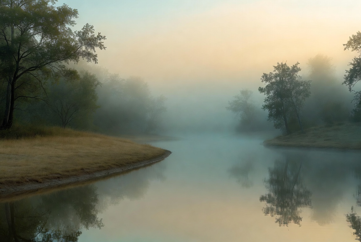 Serene mistige rivier omgeven door bomen in warme ochtendkleuren